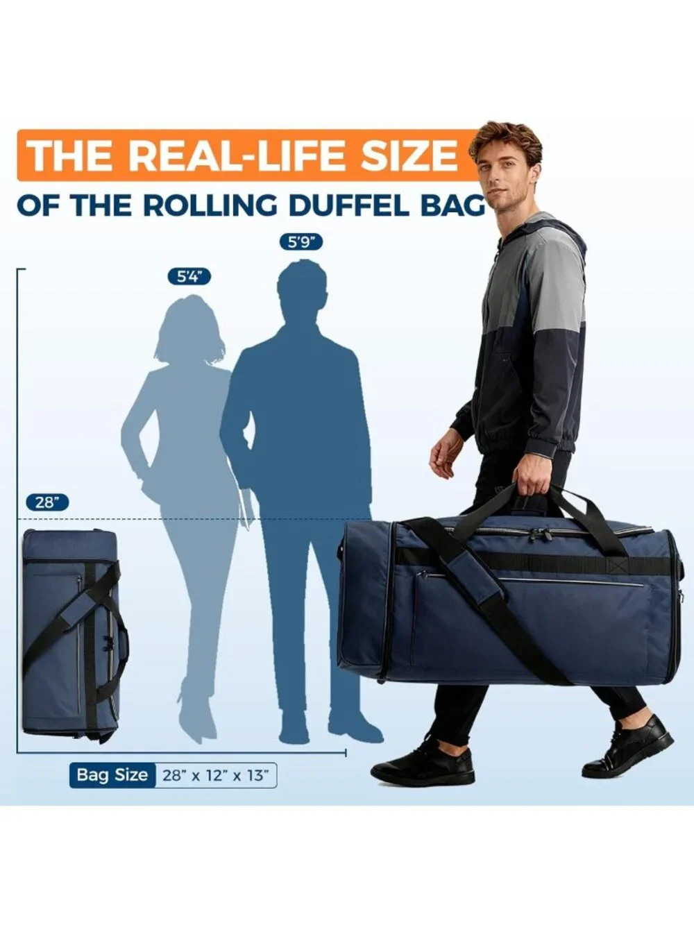 Large 28” Foldable Rolling Duffle Bag with Wheels | Water-Resistant Travel